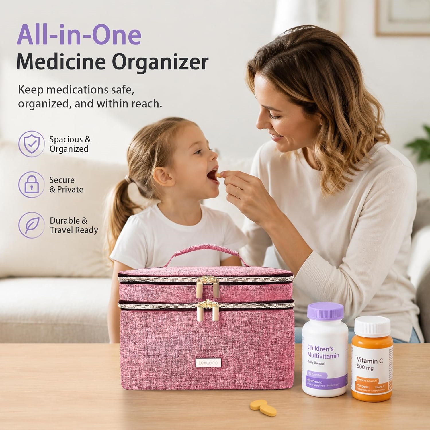 Two-Tier Large Capacity Medicine Carry Bag, Customizable Divider Pill Storage Organizer with Detachable Clear Pouches for Travel & Household