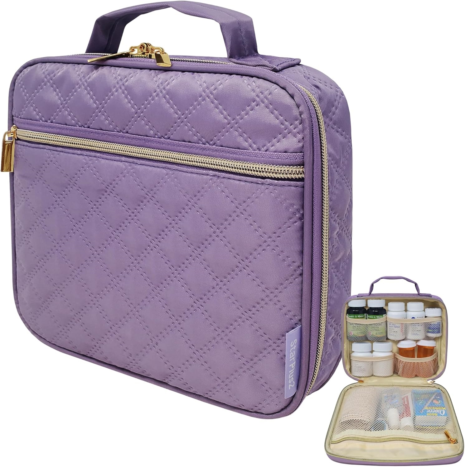 Compact Quilted Pill Bottle Travel Bag, Water Resistant Portable Medication Organizer with Multi Mesh Storage Pockets