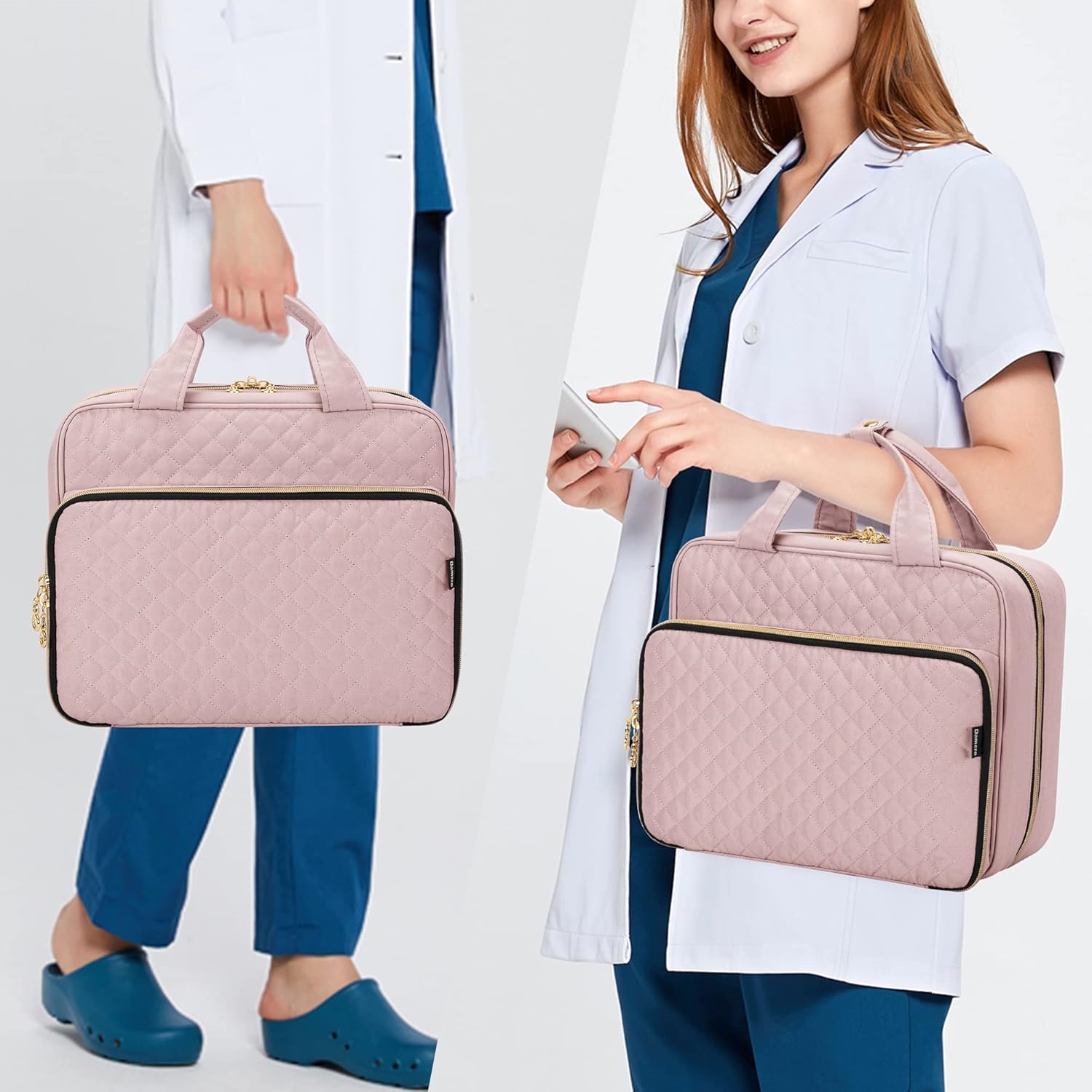 Waterproof Quilted Medicine Carry Bag, Large Portable Pill Storage Organizer with Lockable Zippers & ID Card Slot for Travel & Household Use