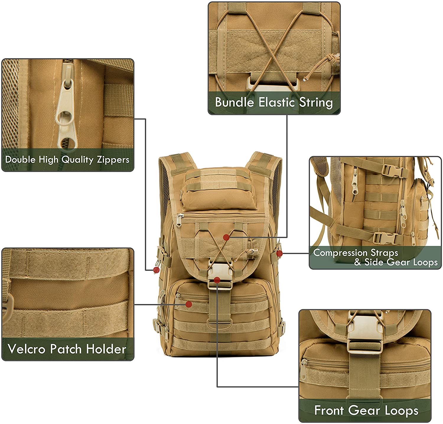 Coyote Brown MOLLE Tactical Backpack, Multi-Pocket Outdoor Rucksack with Detachable Top Pouch, Lightweight Pack for Hiking, Hunting, Camping & Shooting Range