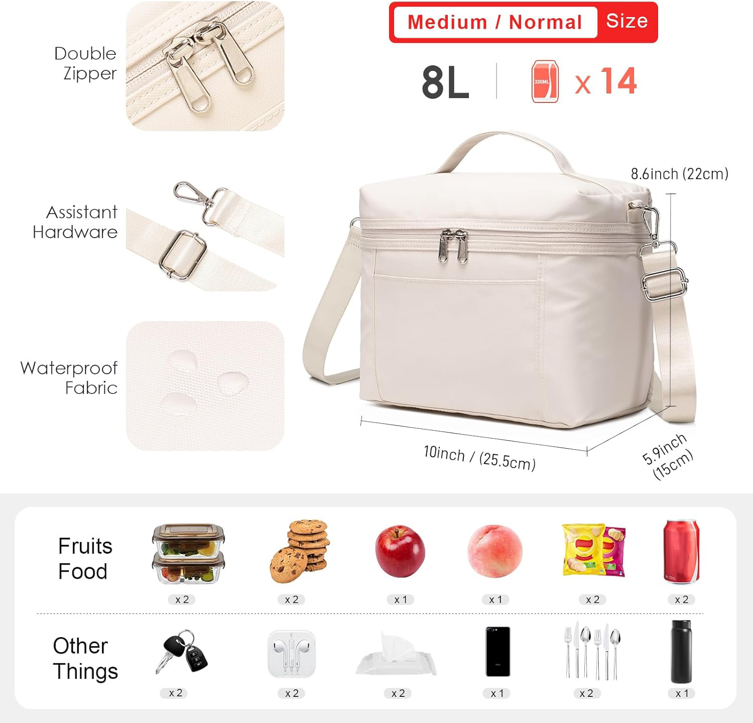 8L Medium Waterproof Insulated Lunch Bag, Double Zipper Leakproof Thermal Cooler Tote with Detachable Shoulder Strap for Daily Work & School