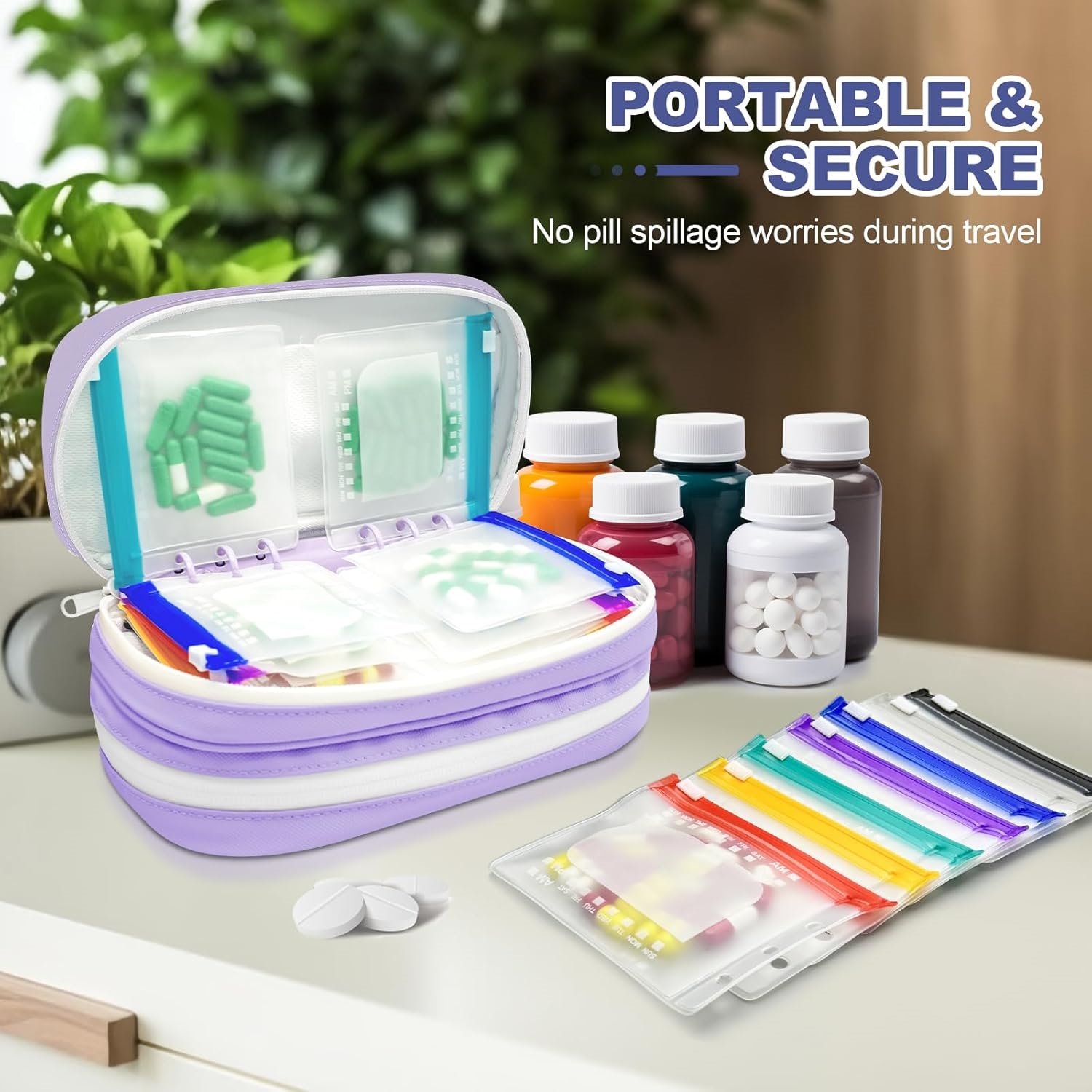 Portable Waterproof Pill Carry Bag with Reusable Transparent Weekly AM PM Medicine Pouches for Travel Daily Medication