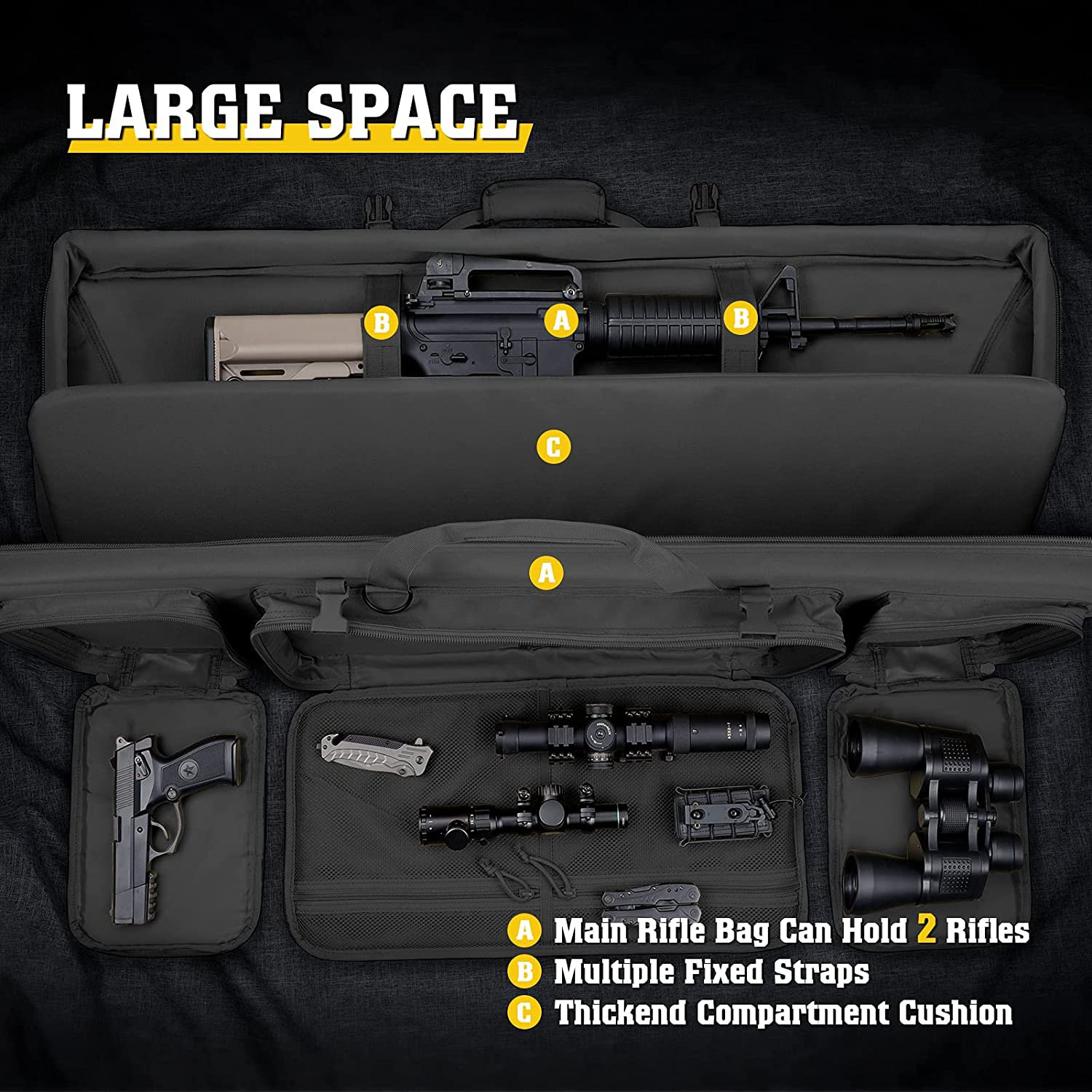Padded Tactical Rifle Gun Bag, Water Resistant Molle Soft Long Firearm Case with Dual Pistol Pockets for Shooting Range Hunting Transport
