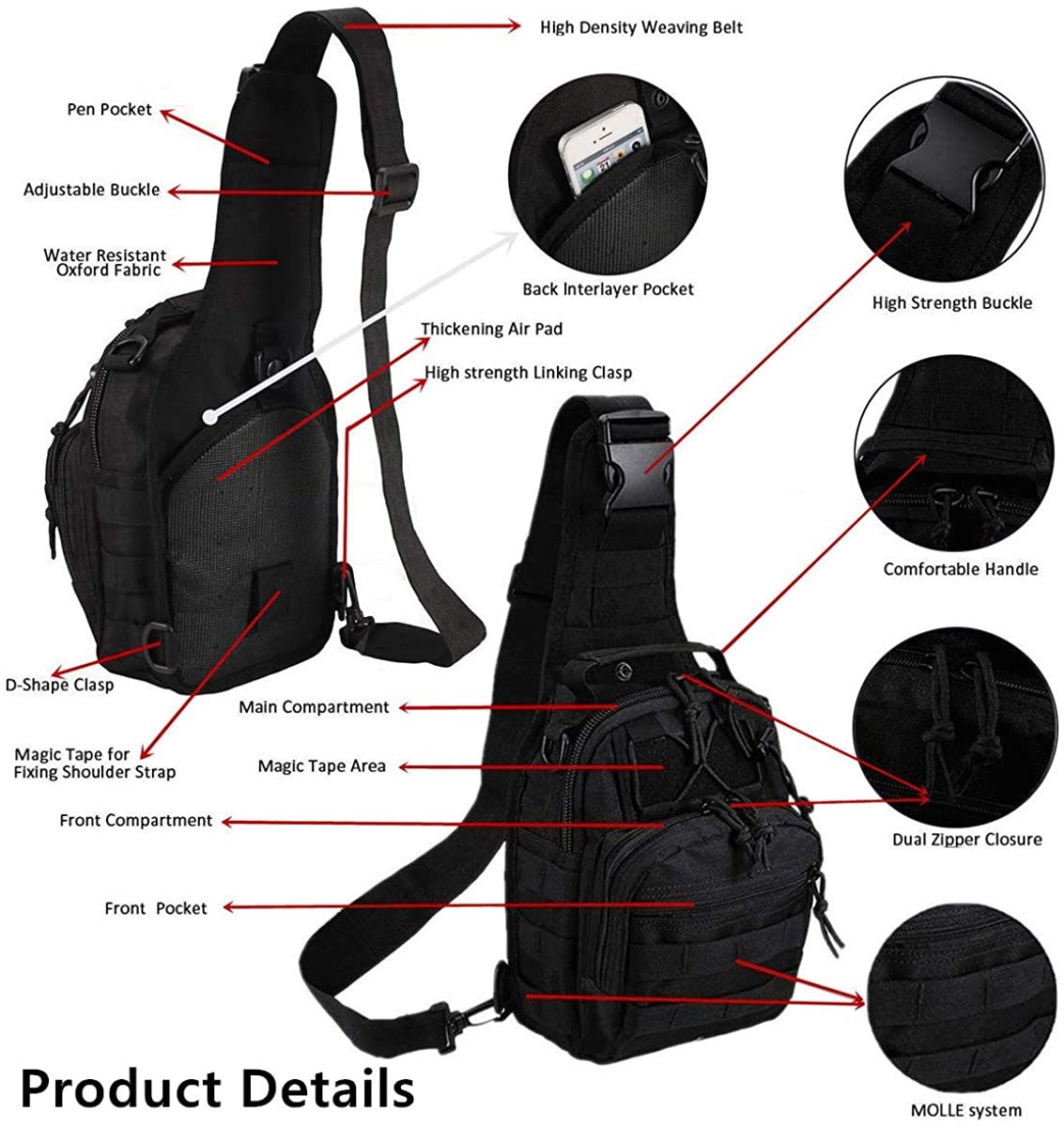 Small Tactical Sling Bag, 1000D Waterproof Molle Crossbody Chest Backpack Adjustable Strap for Outdoor Fishing Hunting Daily EDC
