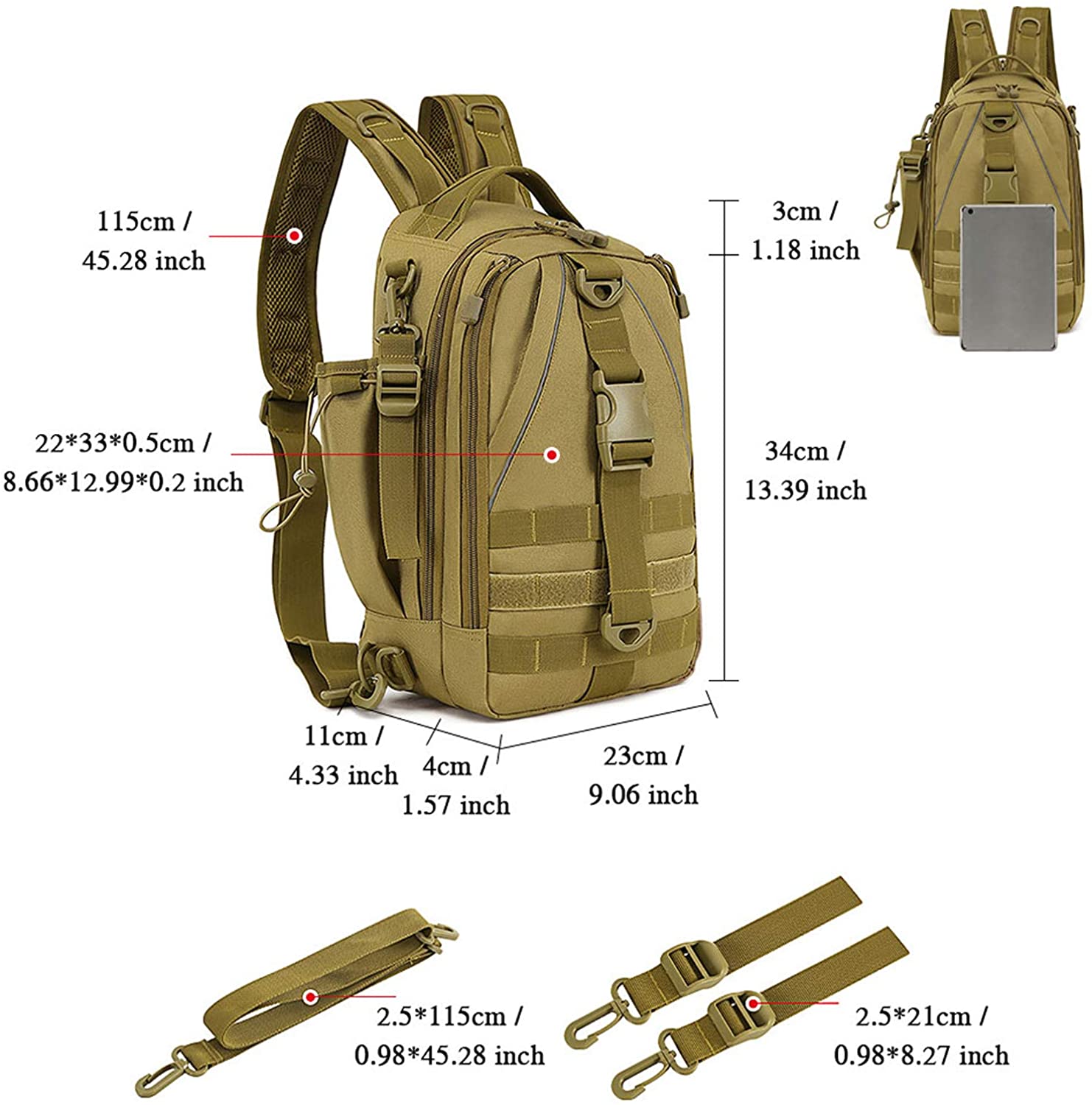 Water Resistant Tactical Fishing Sling Pack, Multi-Pocket Crossbody Chest Bag with Rod Holder for Fishing Hunting