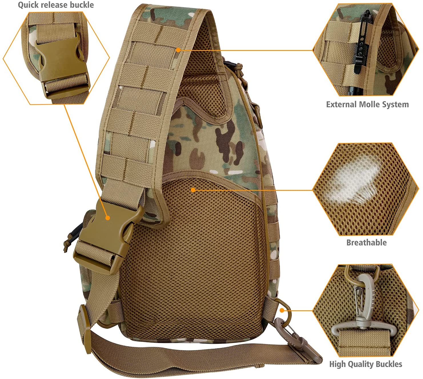 Camouflage Laser Cut MOLLE Tactical Sling Bag, Lightweight Crossbody Chest Pack, Modular EDC Shoulder Sling Backpack for Shooting, Hiking, Fishing & Daily Carry