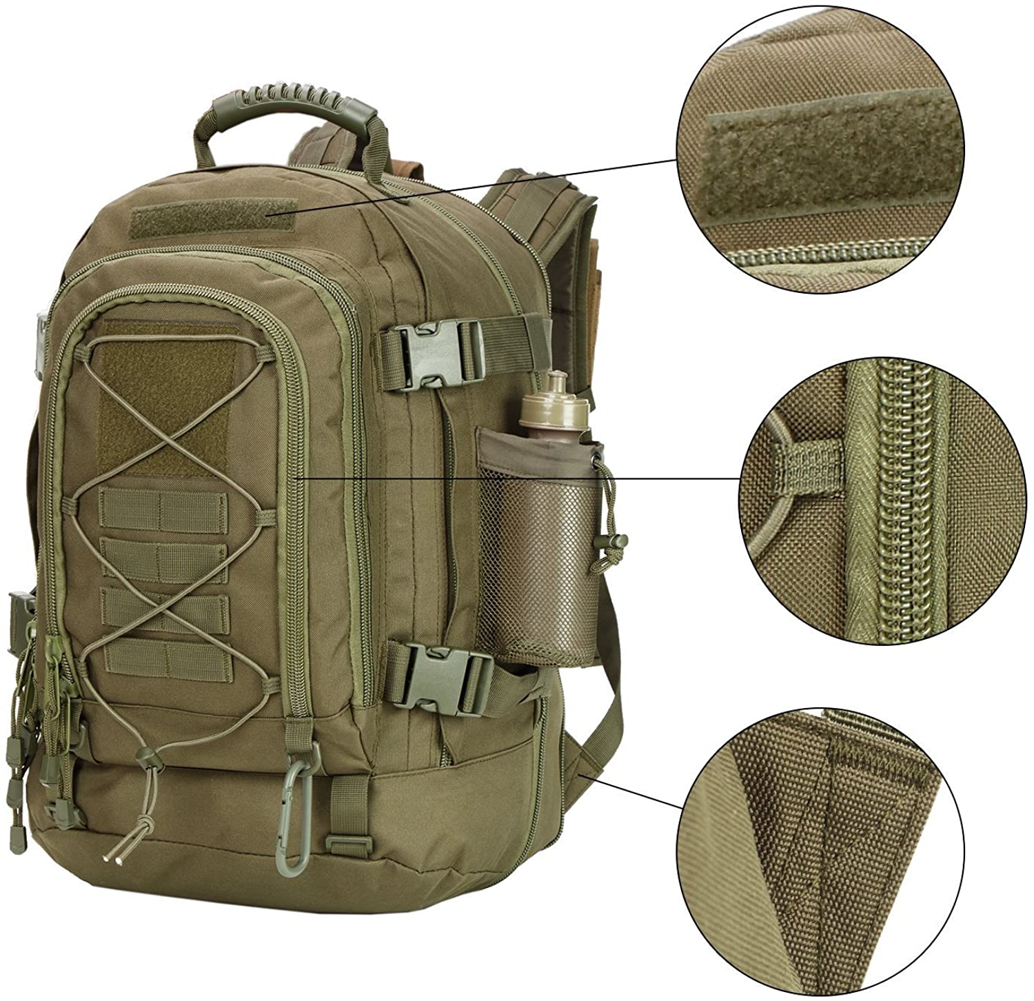 Expandable Military Tactical Backpack, Adjustable Capacity MOLLE Rucksack, Water Resistant Outdoor Daypack for Hiking, Camping, Hunting & Tactical Training