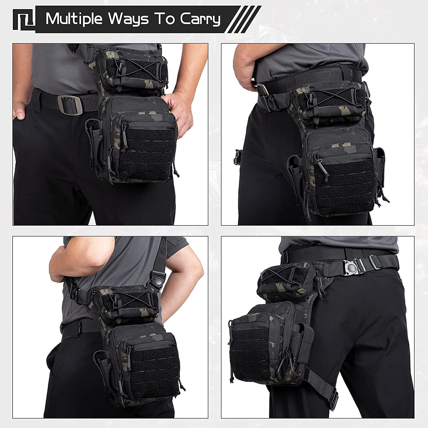 Tactical Drop Leg Bag, Multicam Black Thigh Pack Utility Hip Pouch, MOLLE EDC Leg Bag for Hunting, Shooting, Cycling & Outdoor Daily Carry