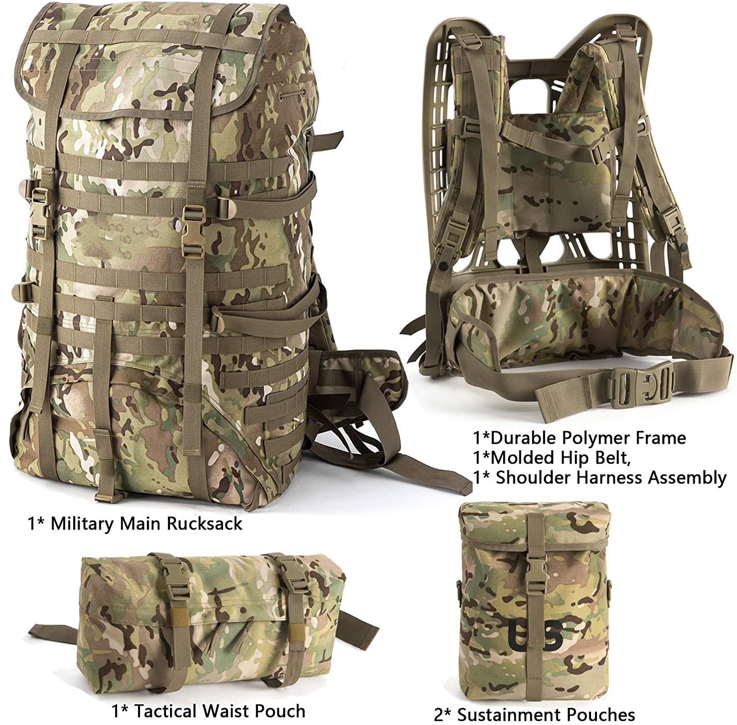 Military External Frame Rucksack Complete Pack System, Multicam Tactical Backpack with Polymer Frame, Detachable Pouches, Load Bearing Harness for Field Expedition, Hiking & Survival