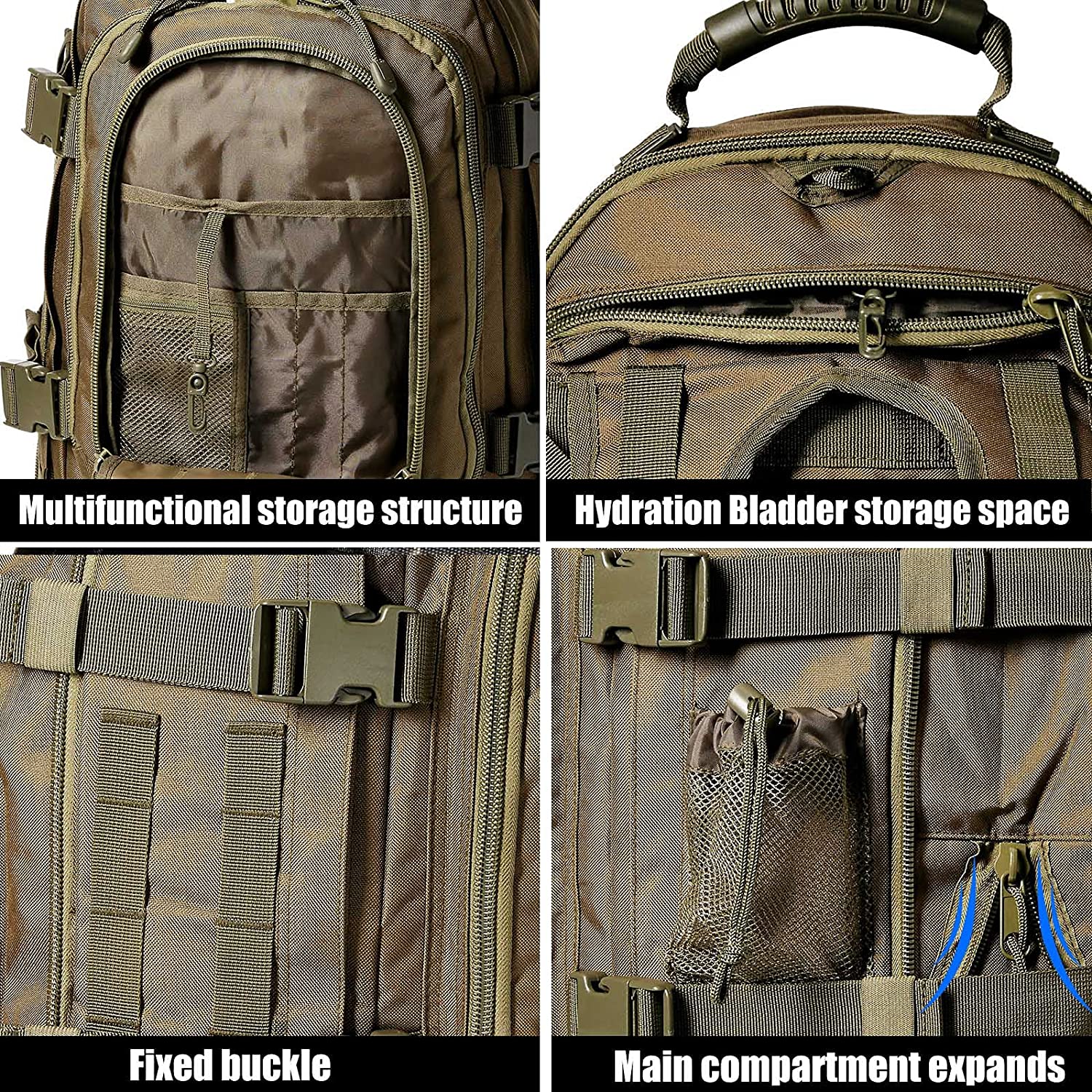 Expandable Tactical Backpack, Adjustable Capacity MOLLE Military Daypack with Detachable Water Bottle Holder for Hiking Shooting Camping Travel