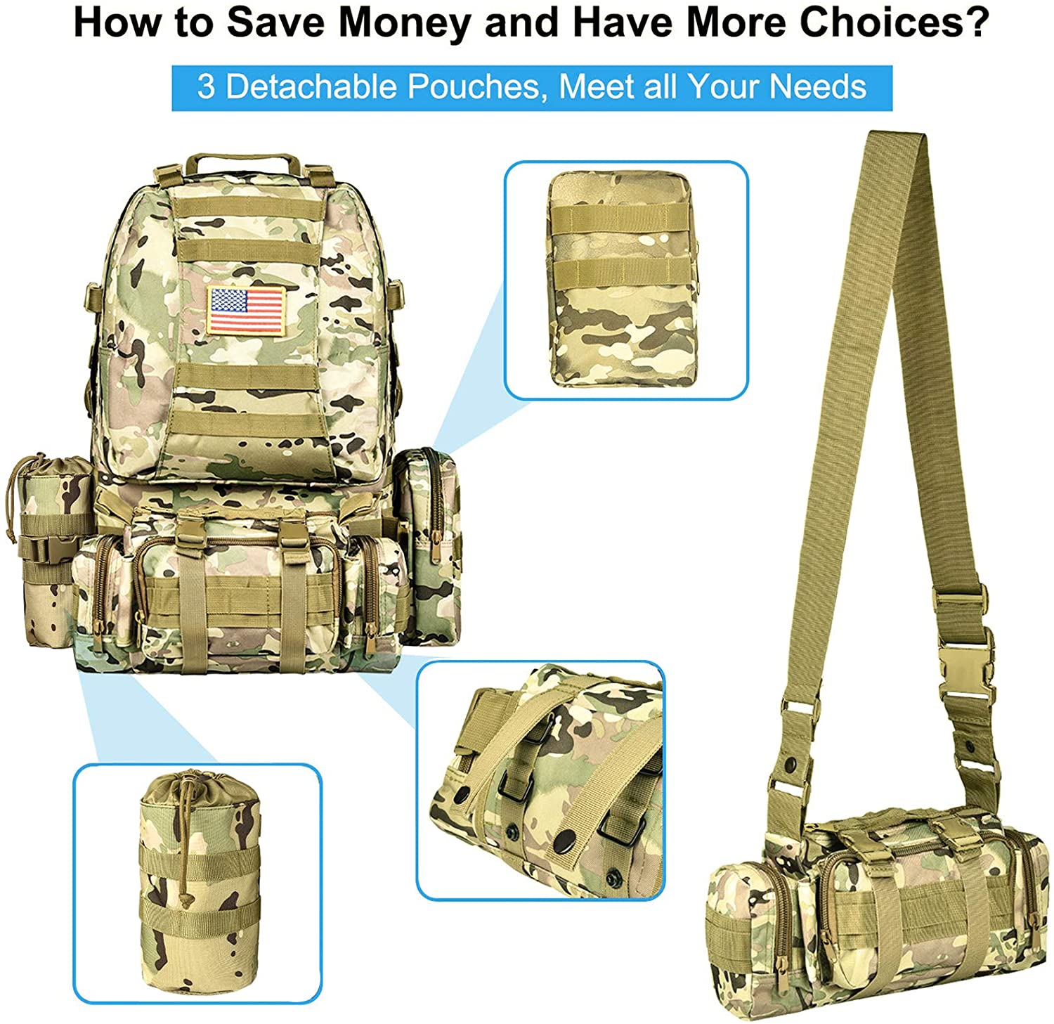 Modular Camouflage Tactical Backpack with Detachable Pouches, Water Resistant MOLLE Military Rucksack Kit with Water Bottle Holder for Hunting Camping Hiking Survival