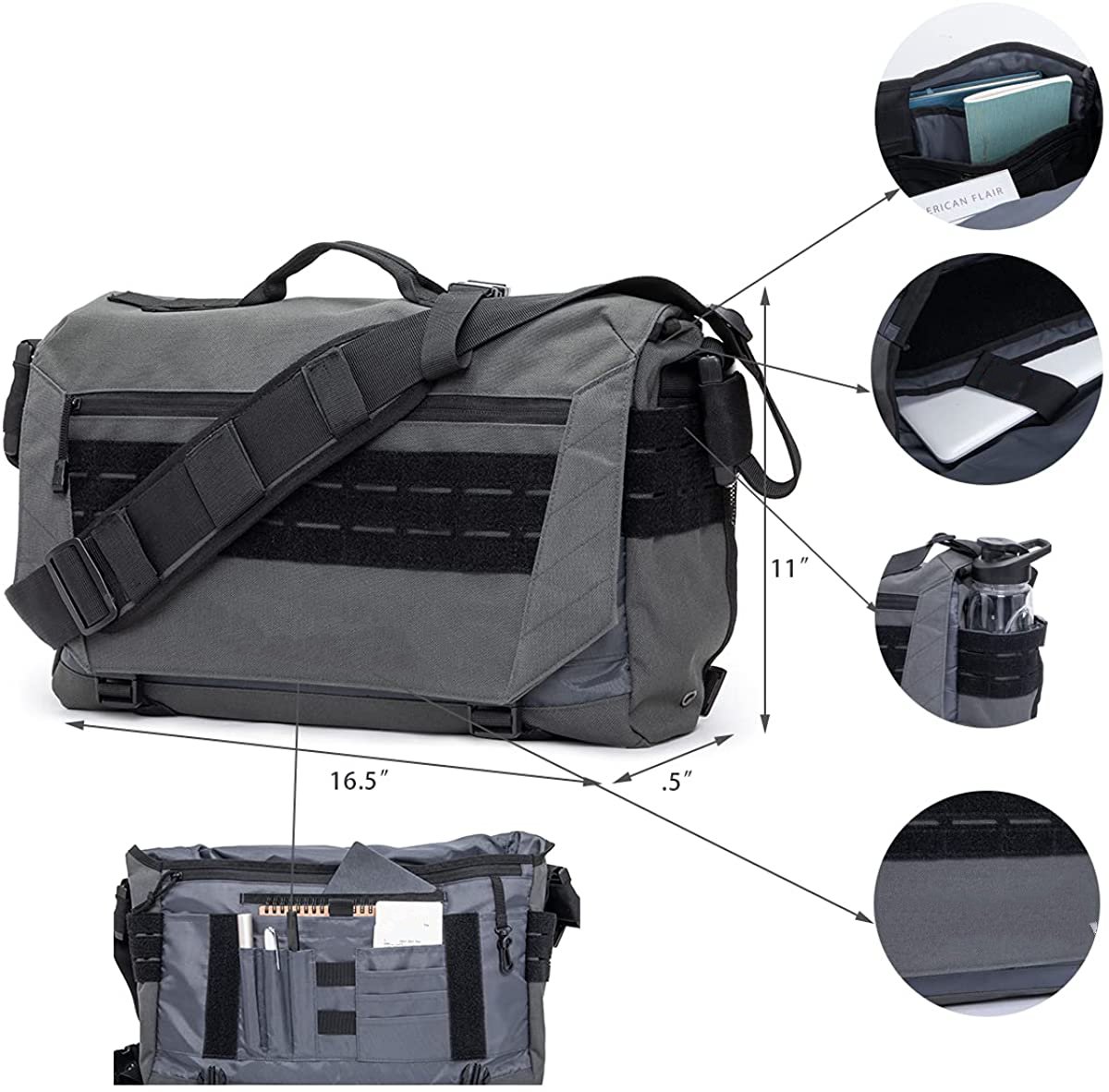 Tactical Laptop Messenger Bag, 16.5 Inch Water Resistant Crossbody Shoulder Bag with MOLLE Panel, Multi-Pocket EDC Work Satchel Bag for Office Travel Outdoor