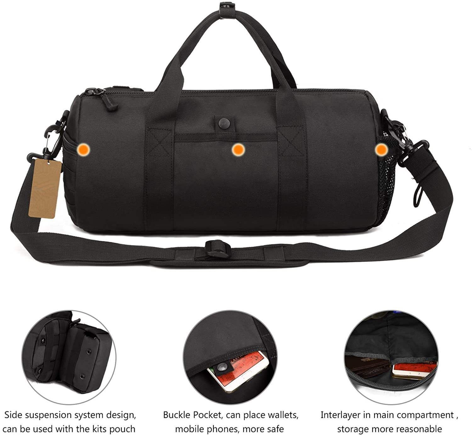 Tactical Cylinder Duffle Bag, Water Resistant Small Gym Sling Bag with MOLLE Webbing, Adjustable Shoulder Strap for Fitness Travel Hiking Motorcycle Daily EDC