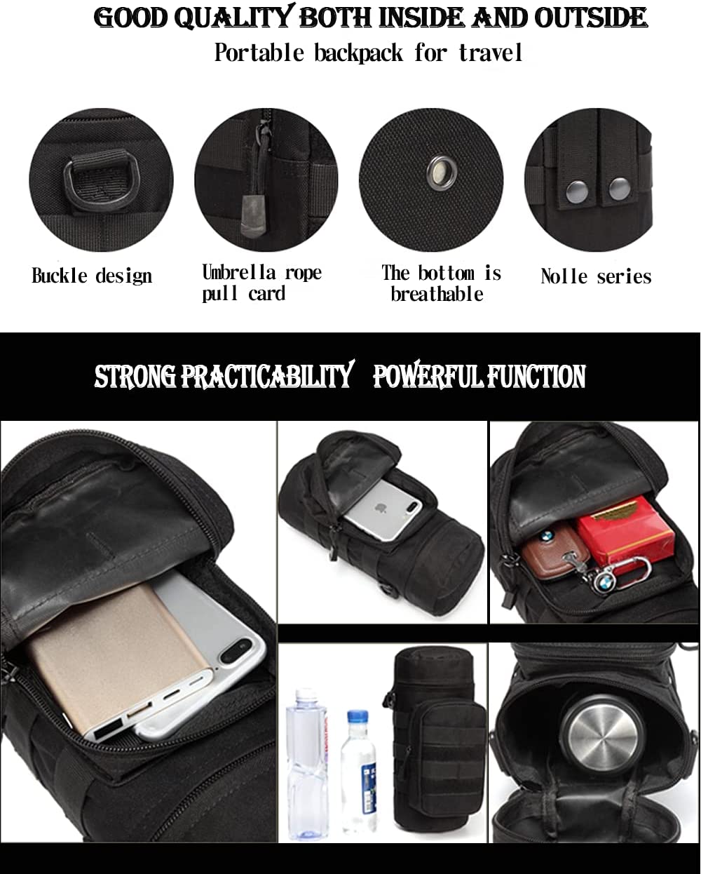 600D Nylon Tactical Water Bottle Pouch, MOLLE Water Bottle Carrier with Detachable Shoulder Strap & Side Storage Pocket for Outdoor Hiking Camping