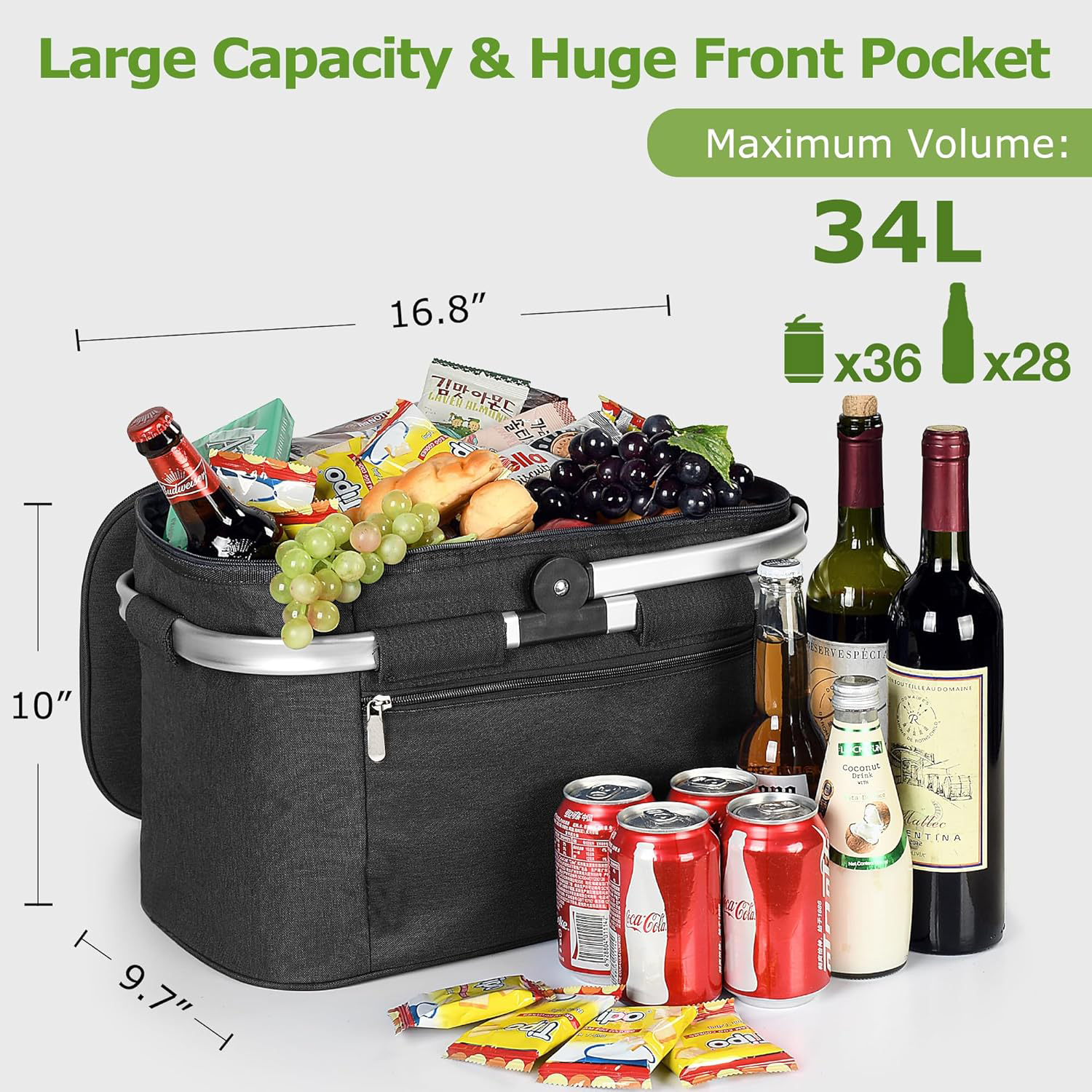 34L Collapsible Insulated Cooler Basket, Foldable Aluminum Frame Leakproof Thermal Cooler Bag for Picnic, Beach, Camping & Grocery