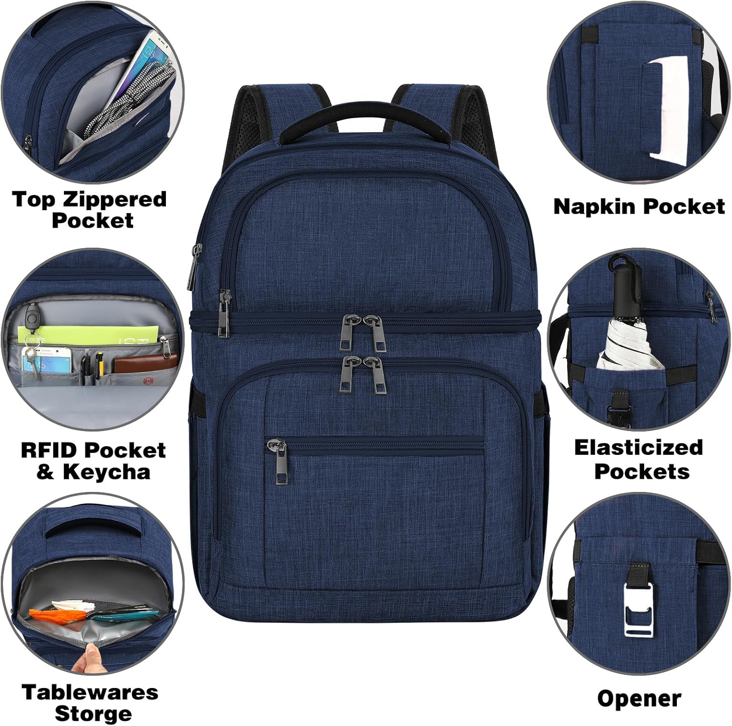 Leakproof Dual Compartment Thermal Cooler Backpack, 12 Hours Cold Retention Insulated Lunch Backpack for Beach, Camping, Office Picnic