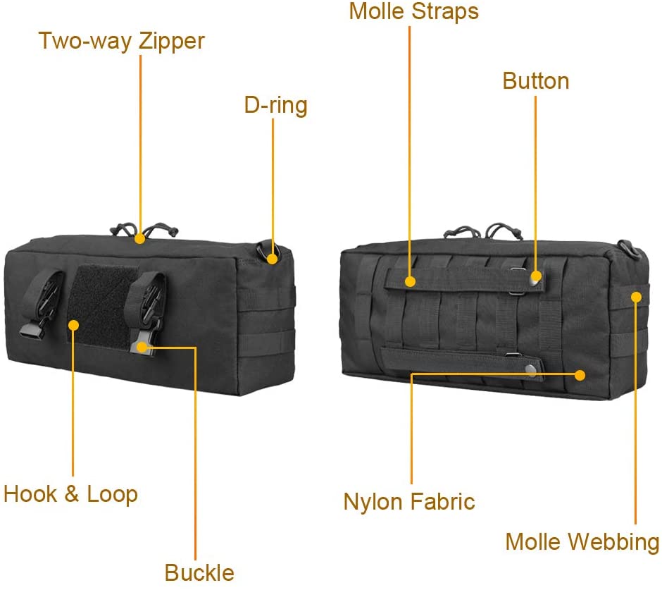 14 Inch Tactical MOLLE Tool Storage Pouch, Heavy Duty Nylon EDC Gear Bag with Patch Panel & Free Carabiner American Flag Patch