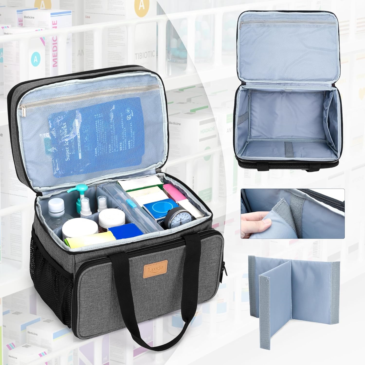 Large Double Layer Medicine Storage Bag, Portable Empty Family Pill Organizer with Multi Pockets for Home & Travel Medication Storage
