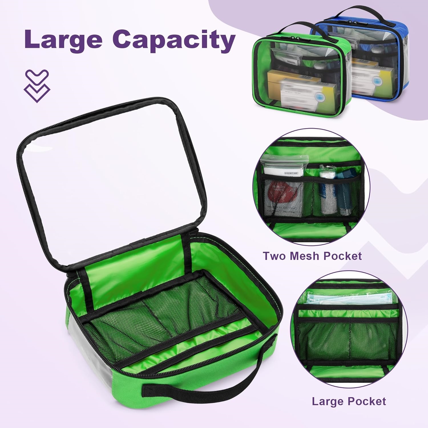 Clear View Travel Medication Bag, Lightweight Empty First Aid Organizer with Multi Mesh Pockets for Household & Trip Use