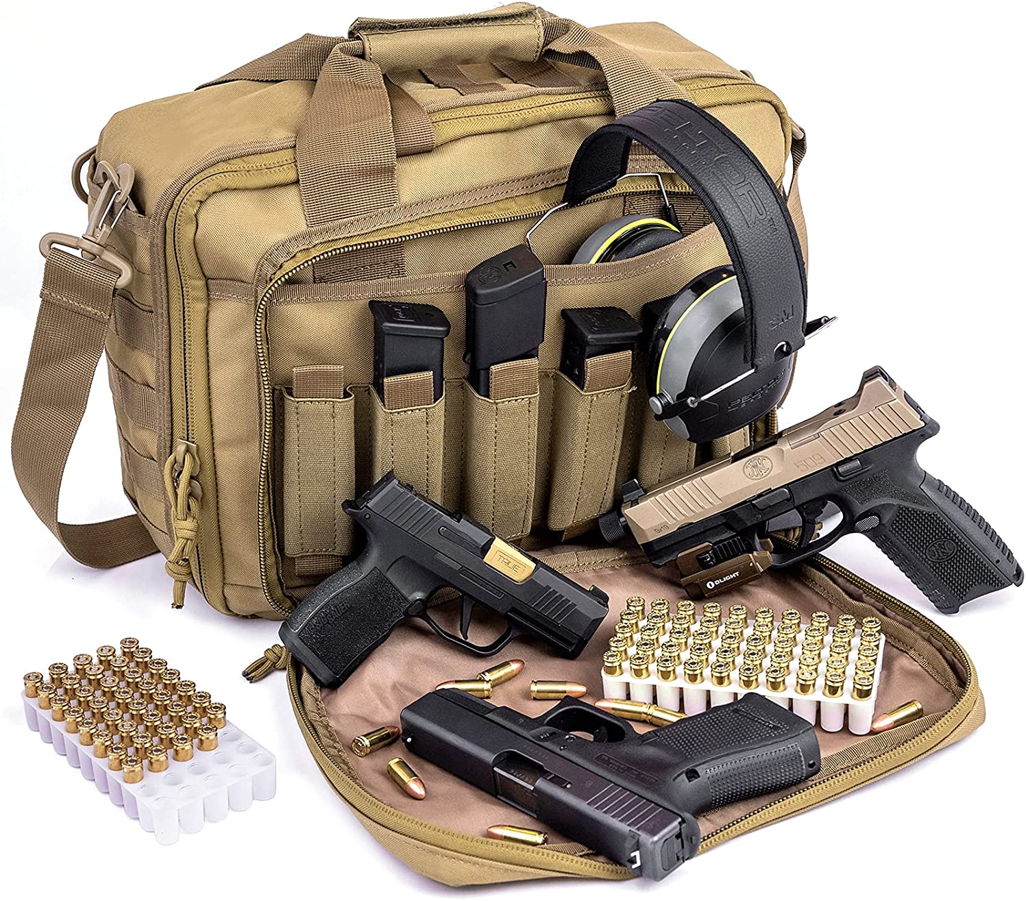 Tactical Pistol Range Bag, Multi Handgun Shooting Gear Carry Case with Magazine Slots, Portable Shooting Range Duffle Bag for Handguns, Ammo & Shooting Accessories