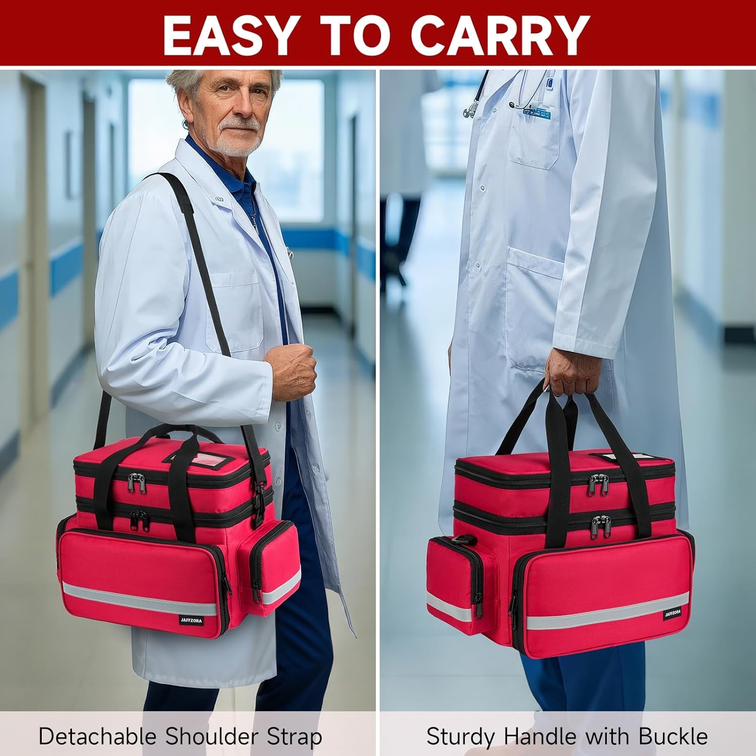 Waterproof Double Layer EMT First Aid Bag, Multi-Pocket Empty Medical Organizer with Lockable Zippers & Night Reflective Strips