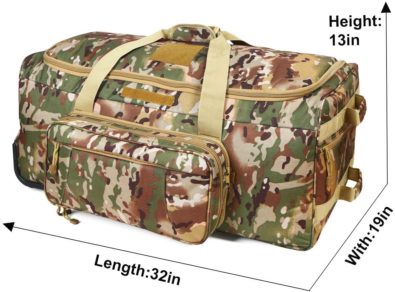 Camouflage Tactical Rolling Duffle Bag, Wheeled Tactical Gear Luggage with Detachable Front Pouch, Large Capacity Travel Storage Bag for Hunting, Shooting, Outdoor Deployment
