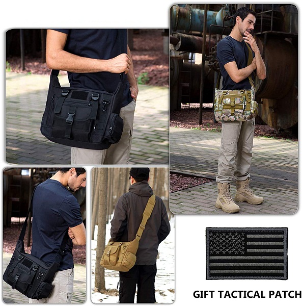 Tactical Messenger Bag, Multi-Pocket MOLLE Crossbody Shoulder Bag with Detachable Accessory Pouch & US Flag Patch
