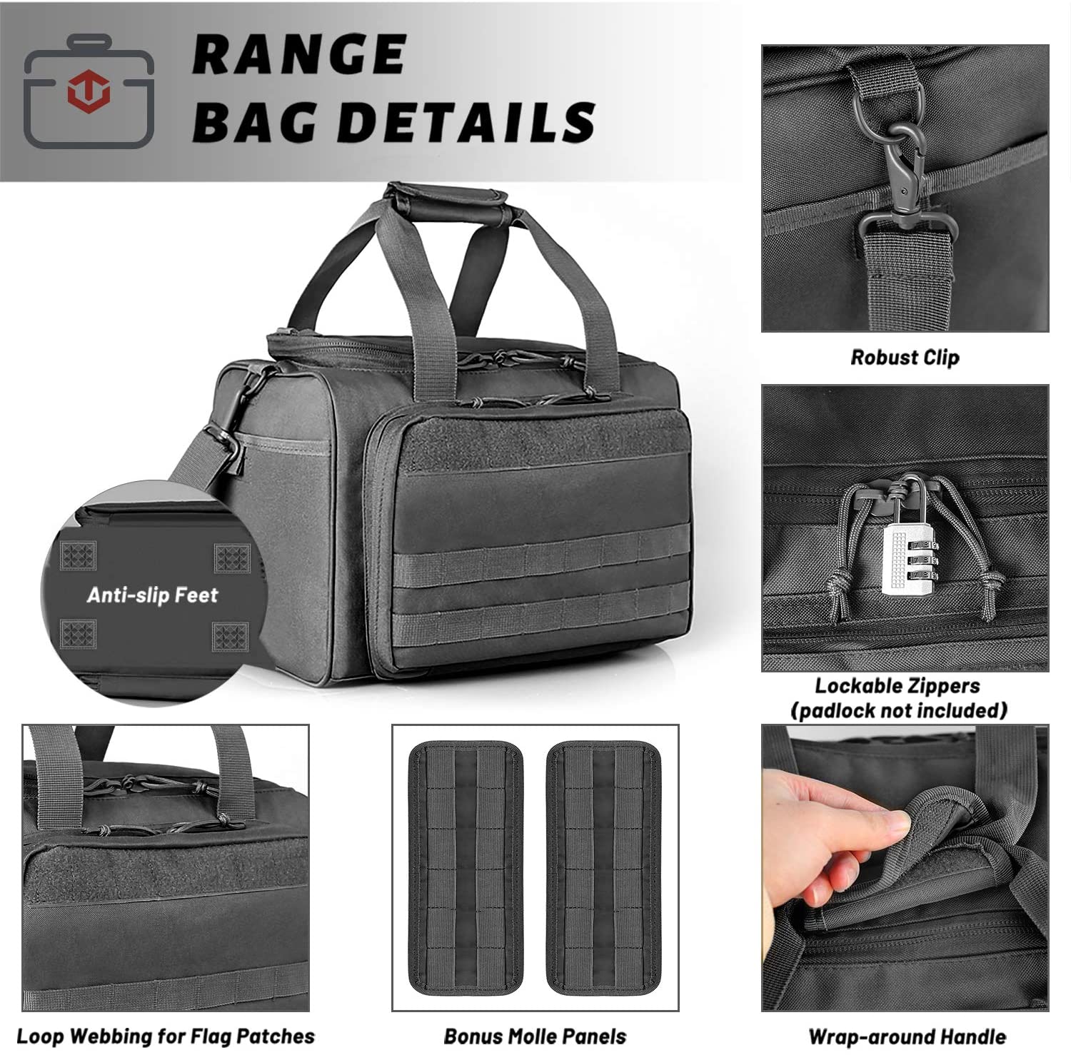 Tactical Range Bag, Multi-Compartment Handgun Shooting Gear Duffle Bag with MOLLE Panel, Padded Firearm Carry Bag with Detachable Shoulder Strap for Shooting Range, Hunting & Tactical Storage
