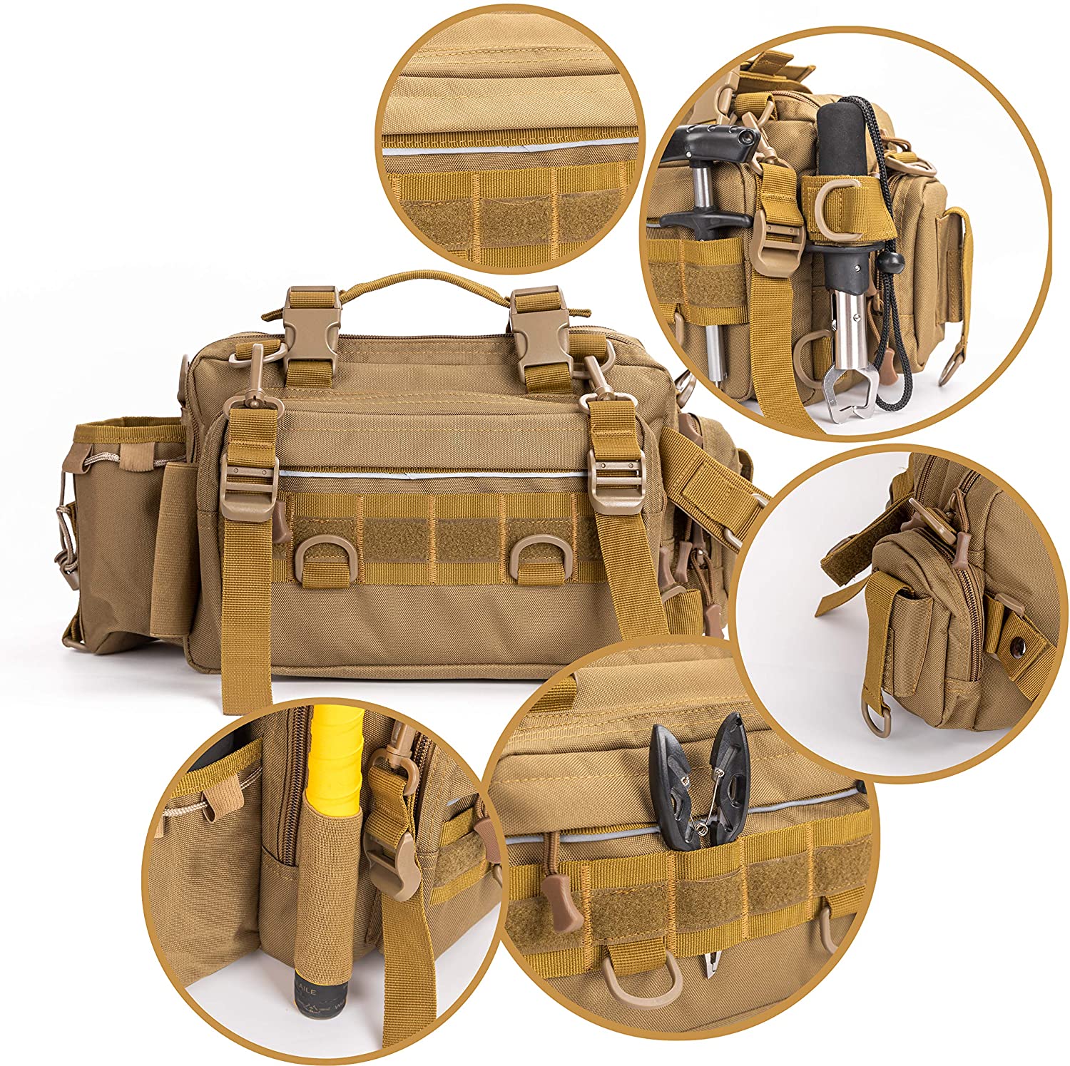Tactical Fishing Tackle Bag, Multi-Pocket Outdoor Lumbar Gear Bag with Water Bottle Holder, MOLLE Utility Sling Pack for Fishing, Hiking, Camping & EDC Outdoor