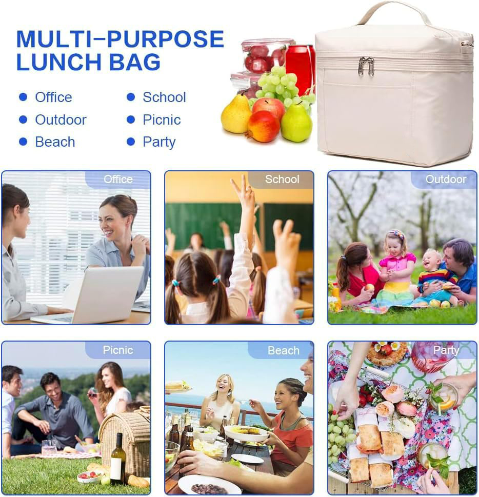 8L Medium Waterproof Insulated Lunch Bag, Double Zipper Leakproof Thermal Cooler Tote with Detachable Shoulder Strap for Daily Work & School