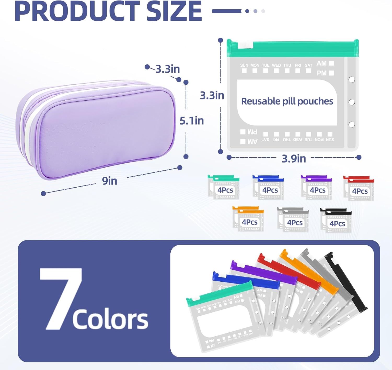 Portable Waterproof Pill Carry Bag with Reusable Transparent Weekly AM PM Medicine Pouches for Travel Daily Medication