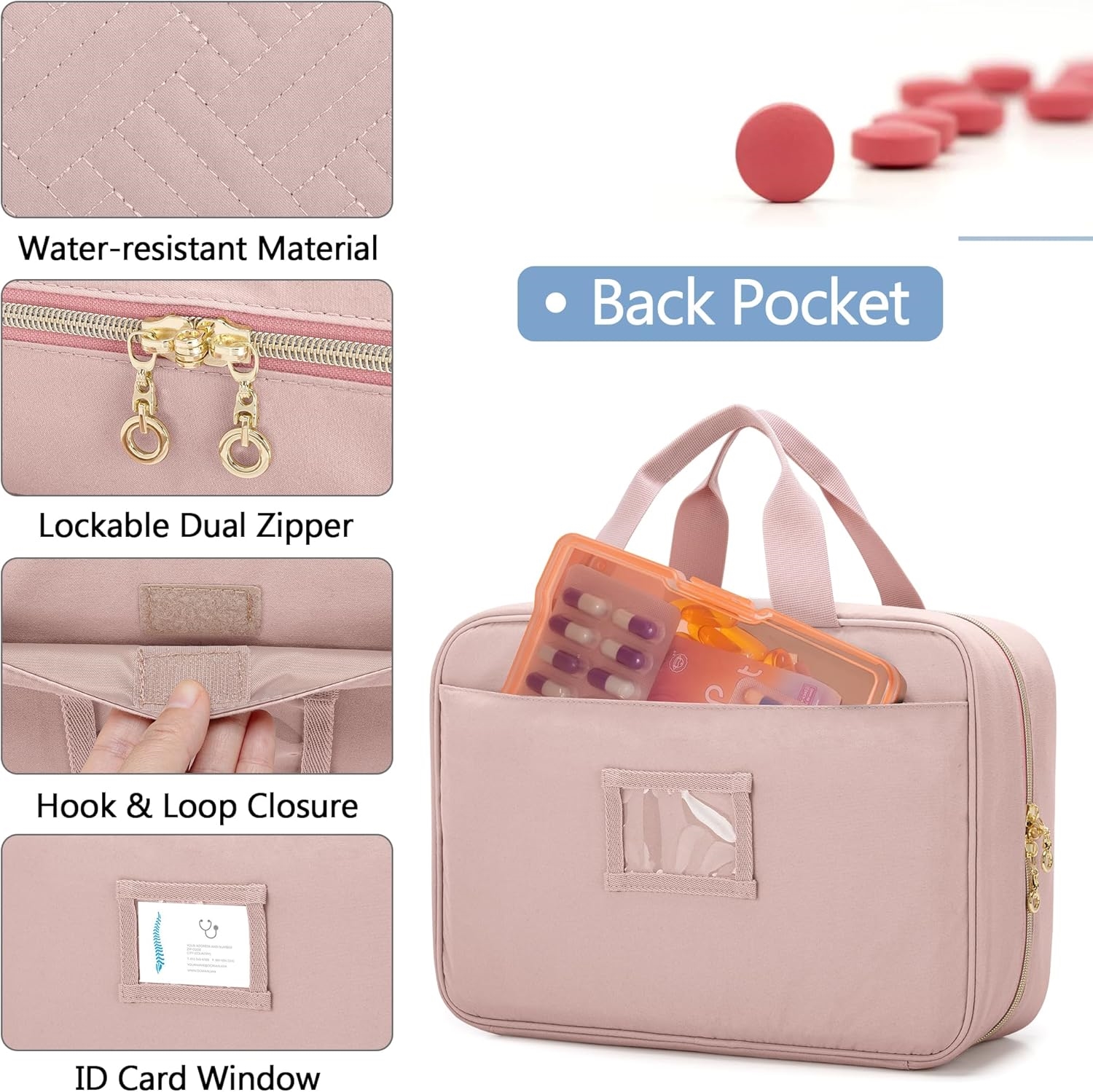 Spacious Waterproof Quilted Medicine Carry Bag, Multi External Pocket Pill Storage Organizer with Lockable Dual Zippers & Medical ID Window