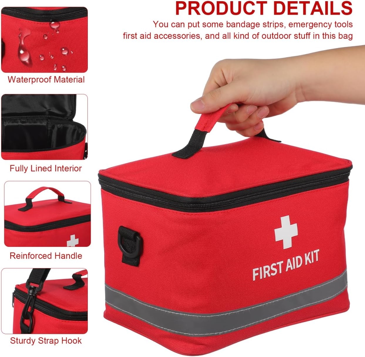 Compact Waterproof First Aid Kit Storage Bag, Reflective Strip Emergency Medical Organizer with Detachable Crossbody Strap for Travel & Car