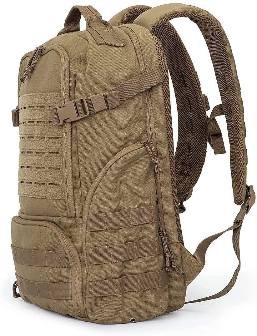 Laser Cut Molle Tactical Backpack Coyote Brown, Waterproof 600D Oxford Military Rucksack with Admin Organizer & Padded Laptop Compartment for Outdoor Work Travel