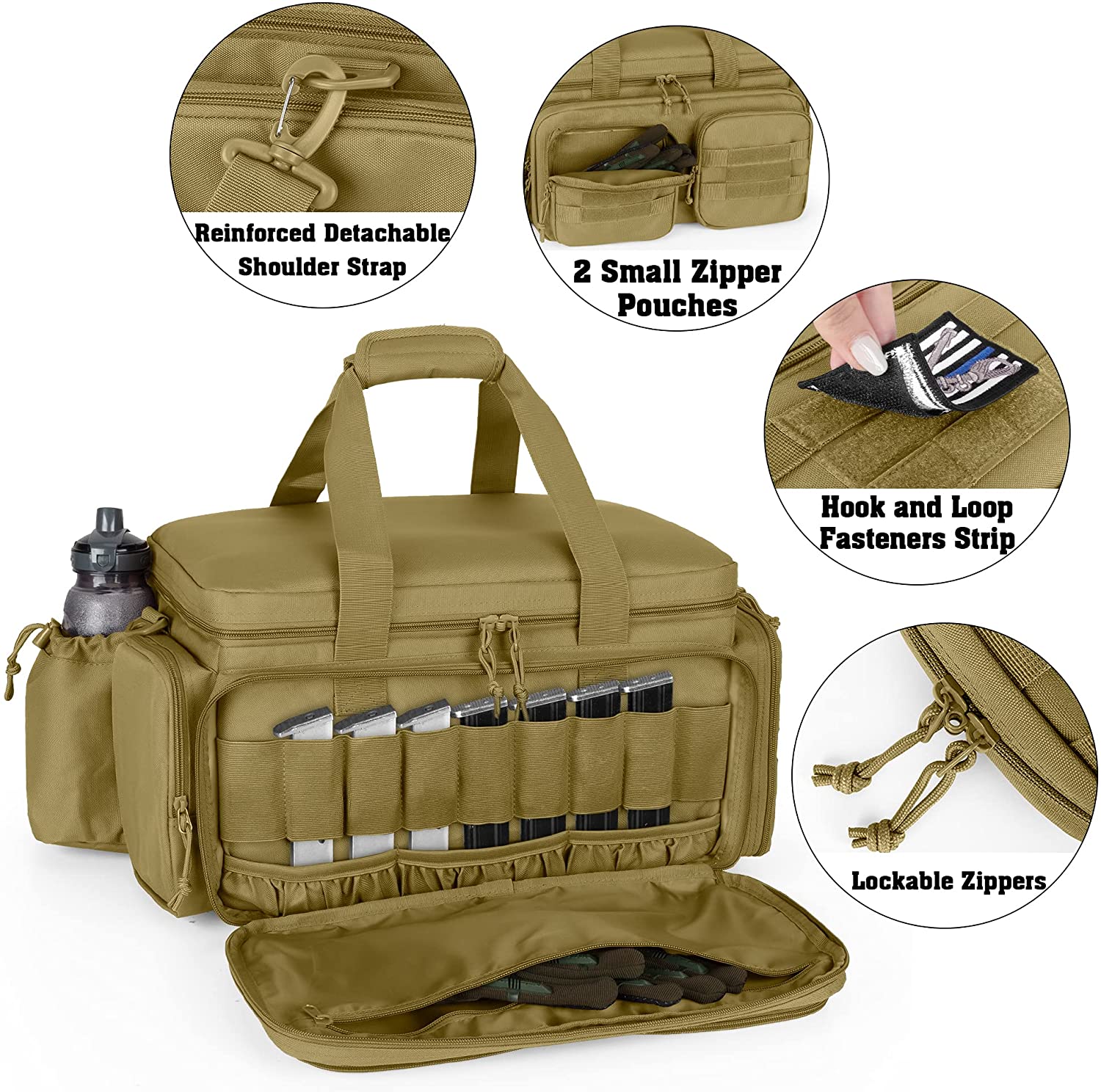 Tactical Handgun Range Bag, 4 Removable Padded Dividers Molle Multi-Pocket Firearm Storage Duffle Bag for Shooting Hunting Transport