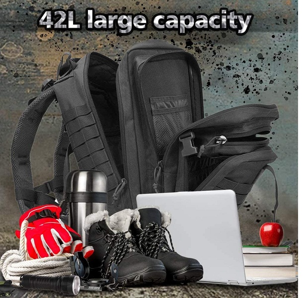 42L Tactical Military Backpack, Waterproof Molle Assault Rucksack with Free Bonus Patches, Carabiners, Waist Bag & Water Bottle Pouch for Outdoor Hunting Camping Hiking