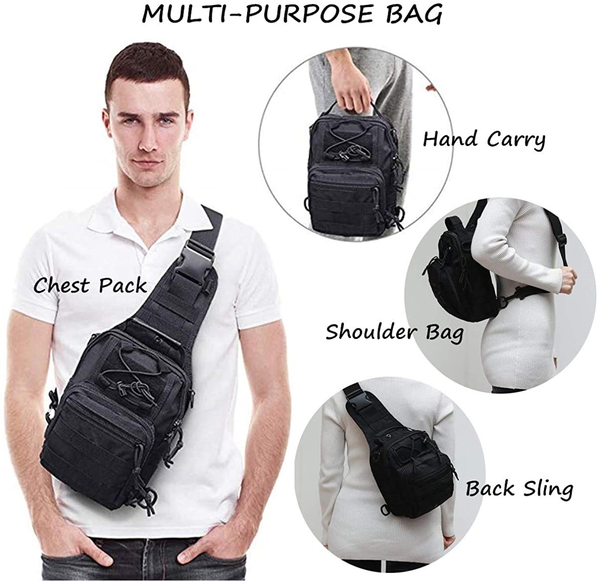 Small Tactical Sling Bag, 1000D Waterproof Molle Crossbody Chest Backpack Adjustable Strap for Outdoor Fishing Hunting Daily EDC