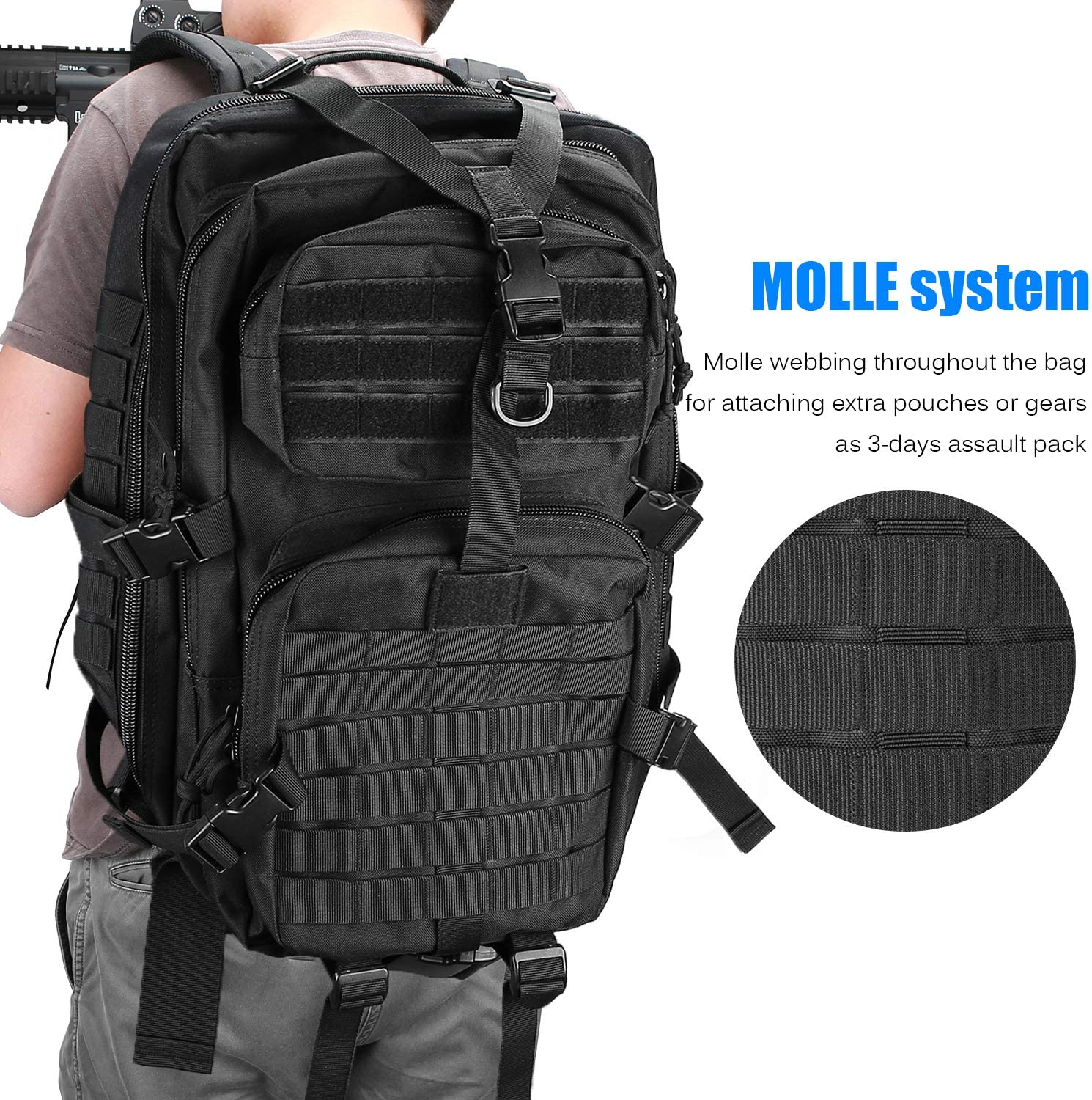 45L Tactical Military Backpack with 5 Storage Compartments, Water Resistant Molle Army Rucksack Hidden Back Pocket for Outdoor Hiking Camping Survival