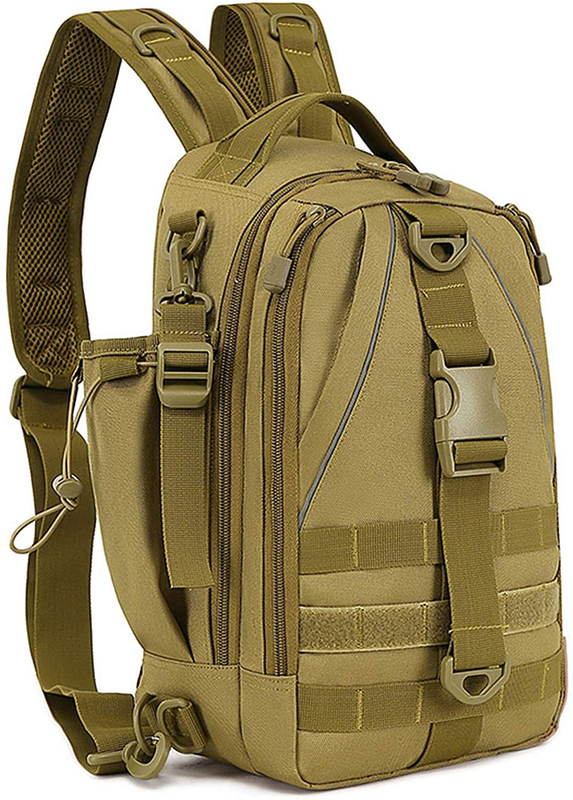 Water Resistant Tactical Fishing Sling Pack, Multi-Pocket Crossbody Chest Bag with Rod Holder for Fishing Hunting
