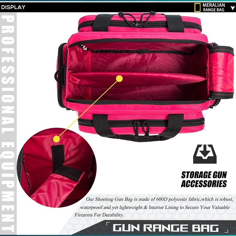 Pink Tactical Gun Range Bag, 6 Pistol Magazine Slots Padded Handgun Storage Duffle Bag for Shooting Range Transport