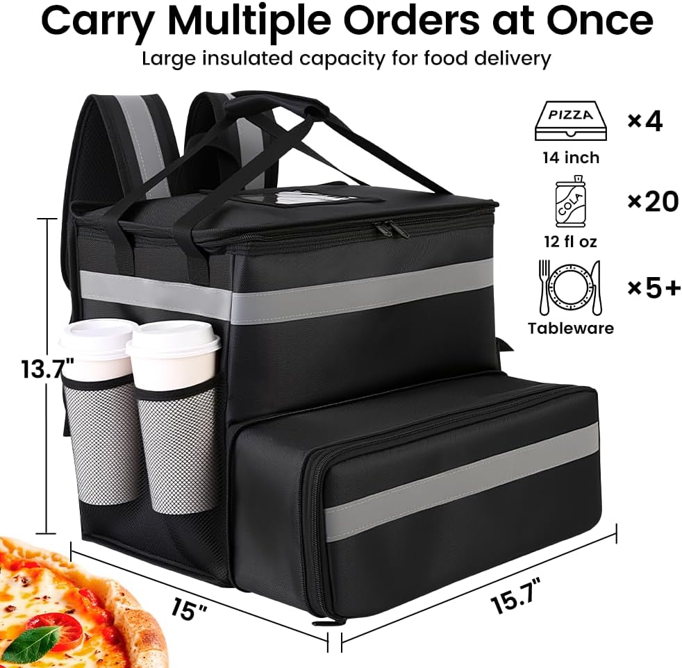 Large Insulated Backpack Expandable Cooler Bags with Reflective Strip Reusable Pizza Food Delivery Bag Food Delivery Bag