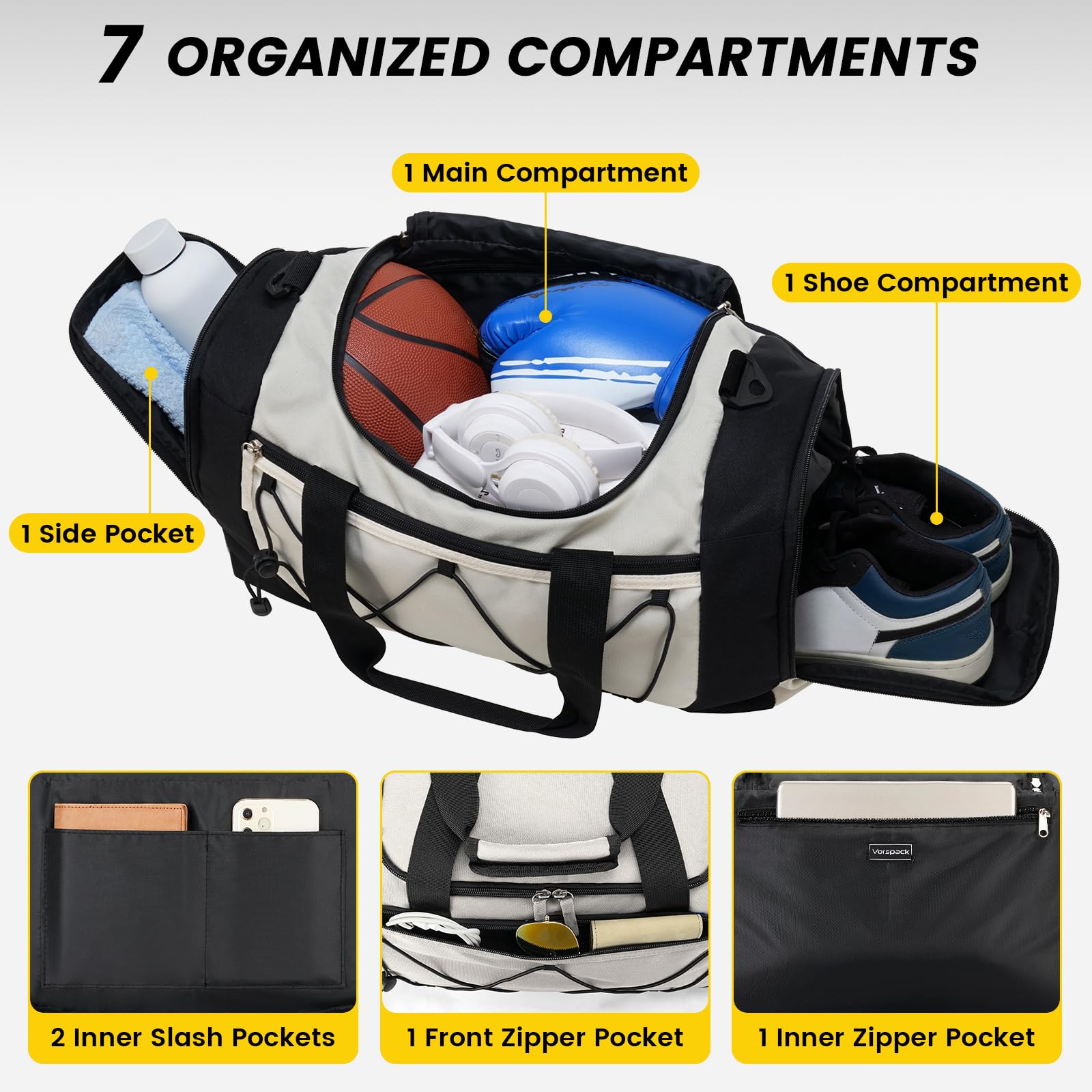 29L Large Sports Duffle Bag, Multi Compartment Gym Carry Bag with Separate Shoe Pocket & Adjustable Crossbody Strap