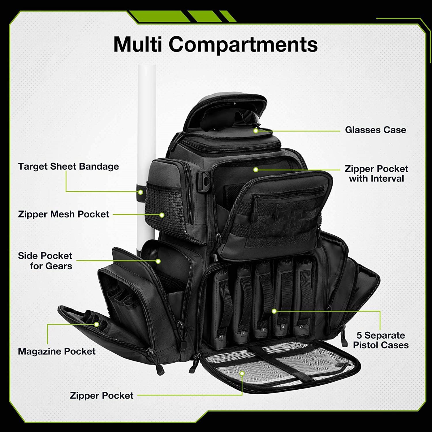Large Tactical Shooting Backpack with Detachable Pistol Case, Multi-Compartment Gun Range Backpack, Heavy-Duty Firearm Gear Pack for Shooting Range, Hunting & Outdoor Training
