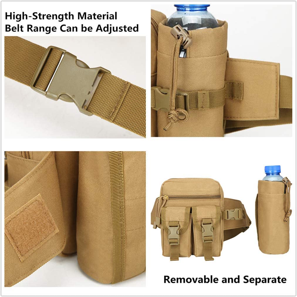 Tactical Utility Waist Bag with Detachable Water Bottle Pouch, Outdoor EDC Hip Fanny Pack, Multi-Pocket Waist Pouch for Hunting, Hiking, Fishing & Daily Use