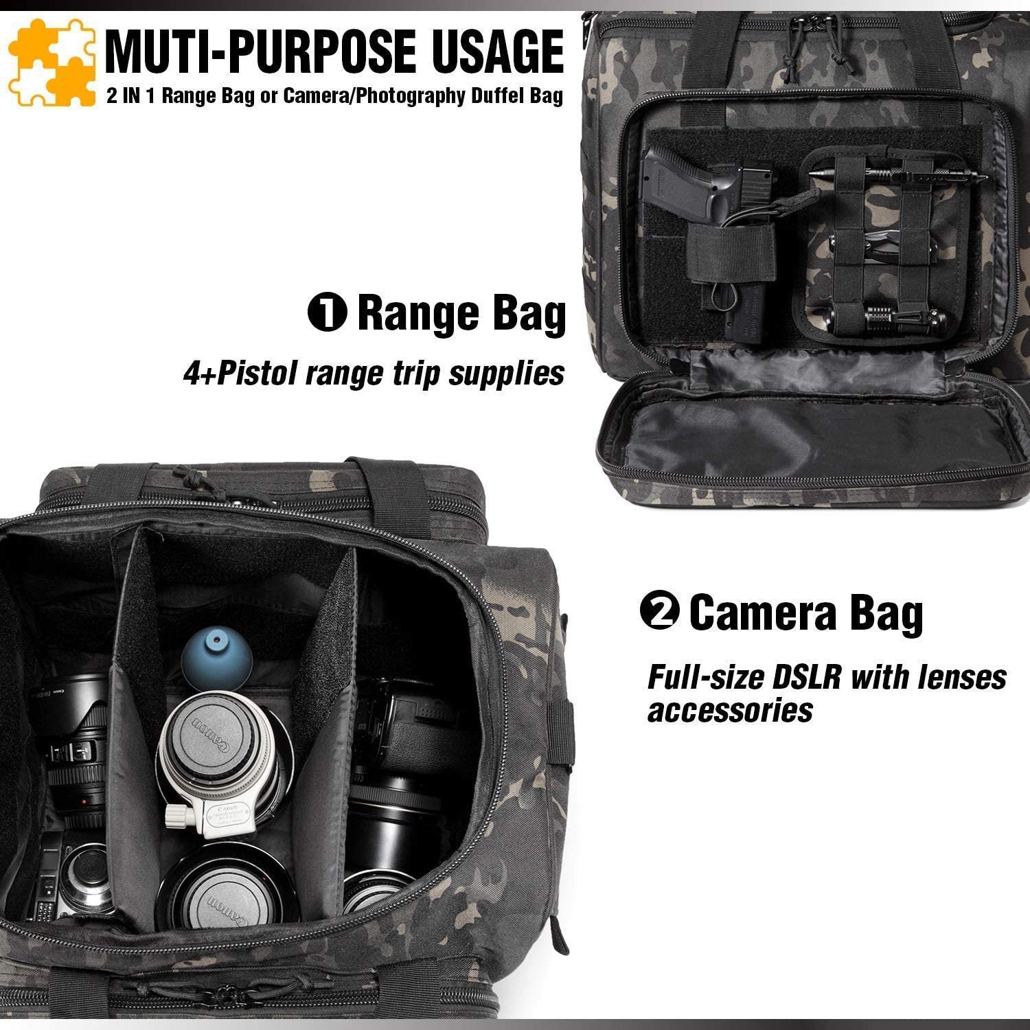 Camo Tactical Pistol Range Bag, Multi-Pistol Soft Shooting Duffle Bag with Magazine Storage & MOLLE Webbing