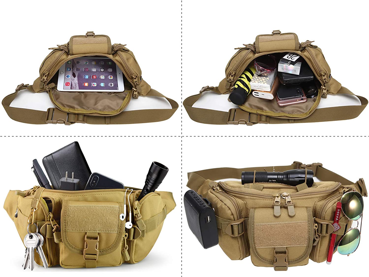 Adjustable Tactical Fanny Pack, Water Resistant MOLLE Waist Bag Multi-Pocket Utility Hip Belt Bag for Hunting Hiking Running Cycling Travel