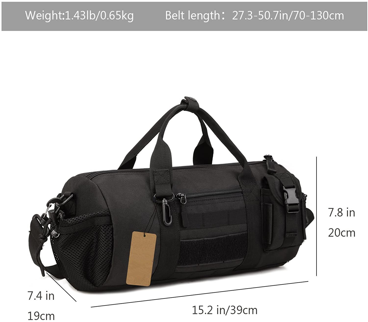 Tactical Cylinder Duffle Bag, Water Resistant Small Gym Sling Bag with MOLLE Webbing, Adjustable Shoulder Strap for Fitness Travel Hiking Motorcycle Daily EDC