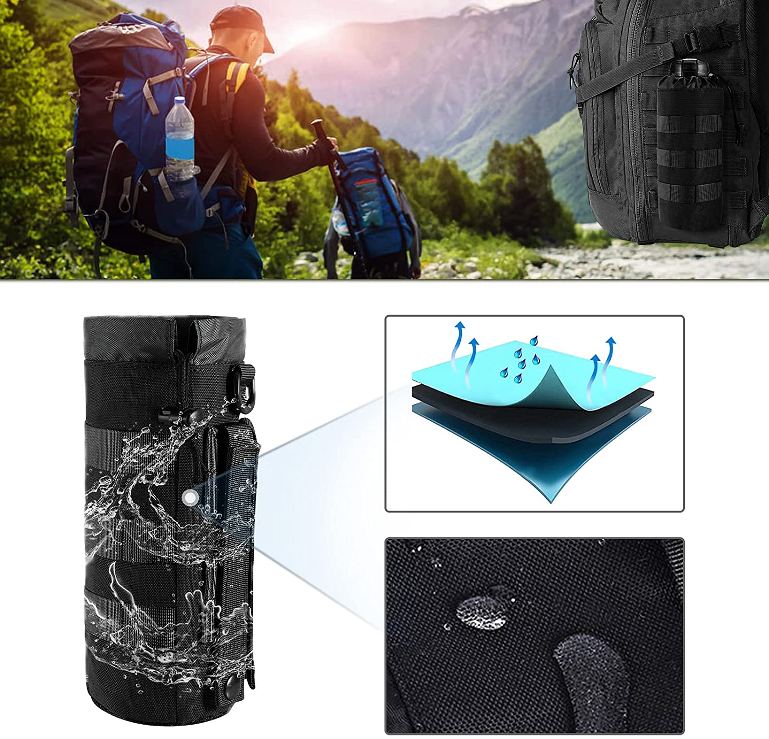 Tactical MOLLE Water Bottle Holder, Drawstring Water Bottle Carrier for 1.5L Bottles, Outdoor Umbrella Storage Pouch