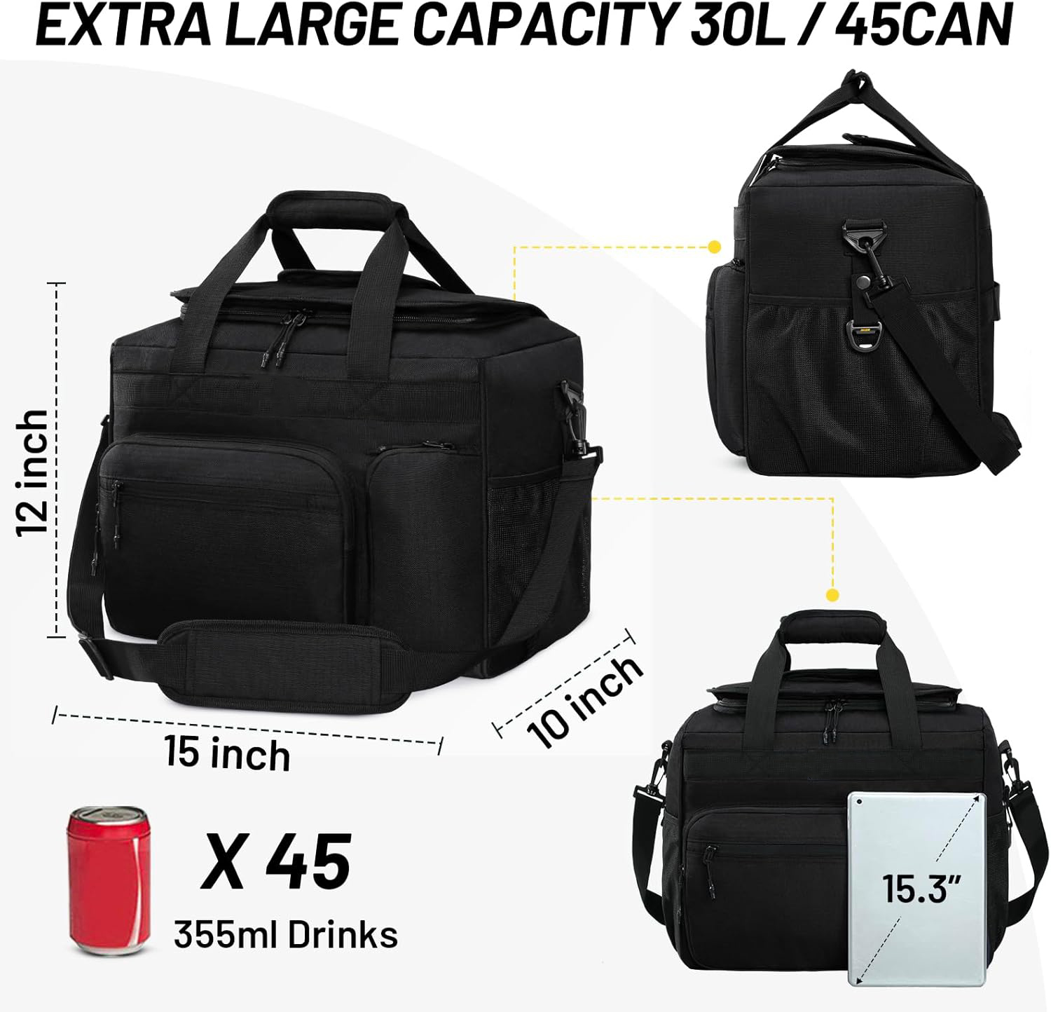 30L Large Capacity Insulated Cooler Bag, Leakproof PEVA Liner Portable Soft Cooler with Bottle Opener & Multi Pockets for Outdoor Camping Beach Picnic