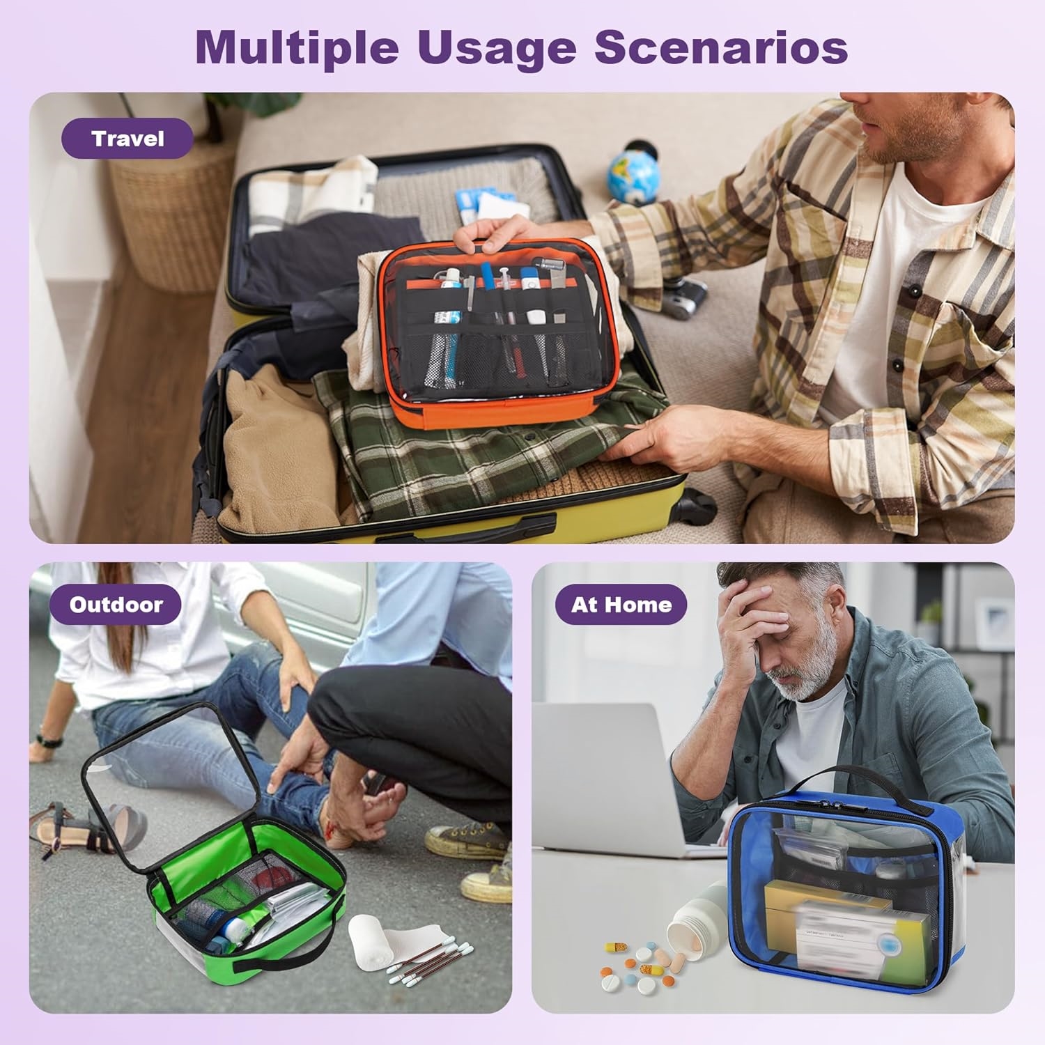 Clear View Travel Medication Bag, Lightweight Empty First Aid Organizer with Multi Mesh Pockets for Household & Trip Use